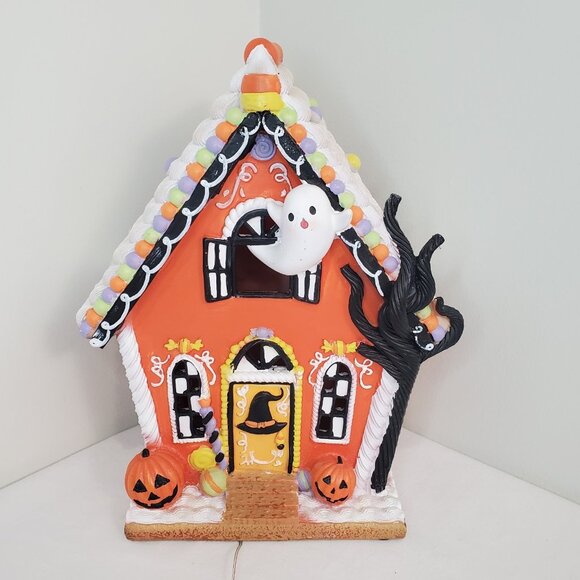 Ghoulish Halloween Gingerbread House ORANGE Frosted CandyFast LED Light Up Decor - Picture 1 of 14
